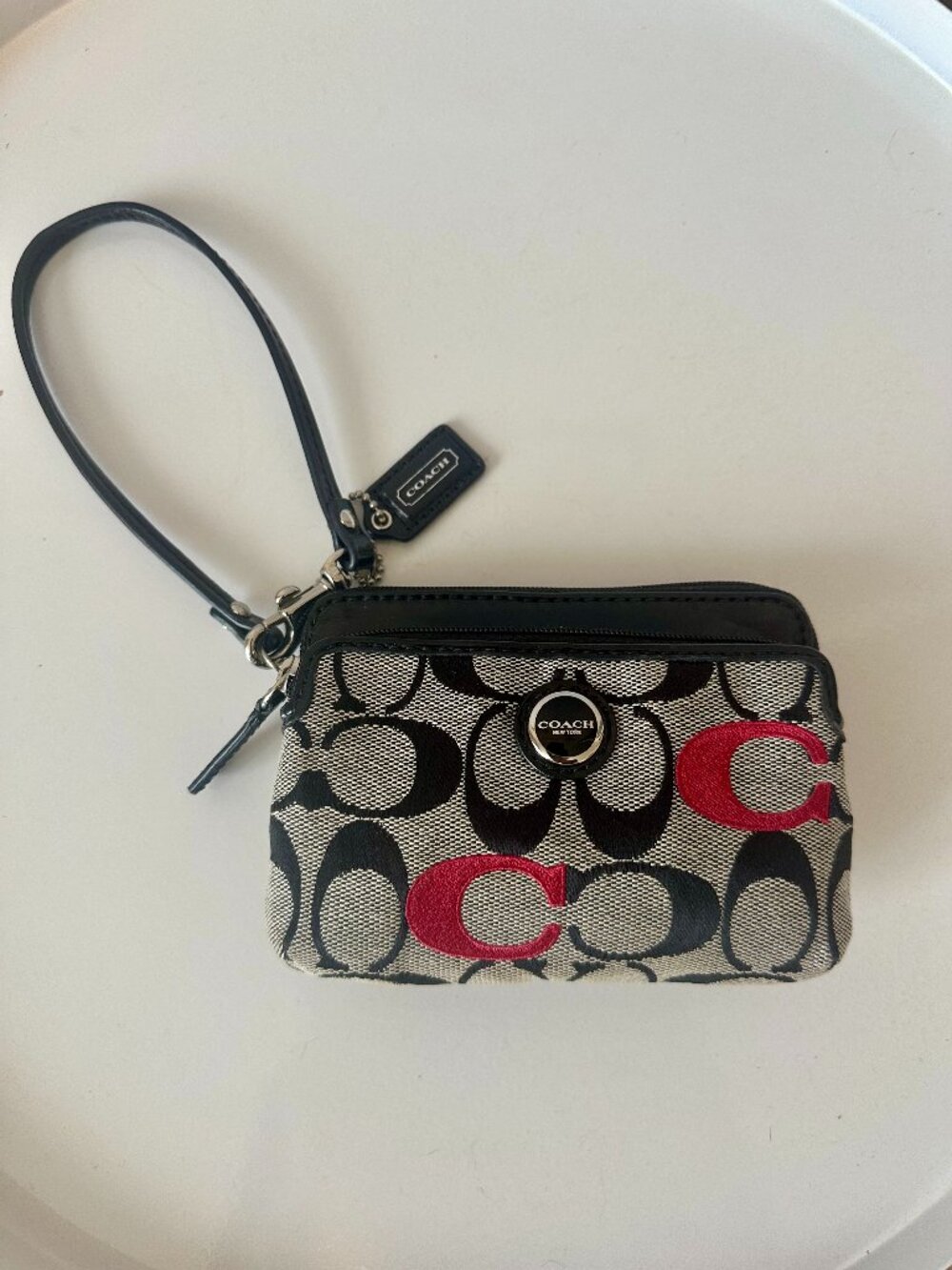 Coach Poppy Signature Jacquard Wristlet black, gray & red C accent